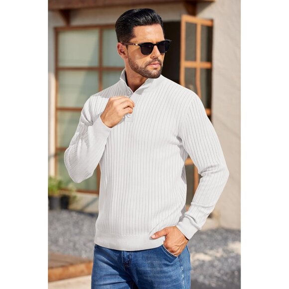 Men's Quarter Button Sweater Long Sleeve Stand Collar Sweater Knitted White - Picture 3 of 5